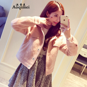澳奇美（Aoqimei）2015秋冬装新款女装呢子大衣韩版时尚显瘦修身毛呢短外套9061 粉色 XL