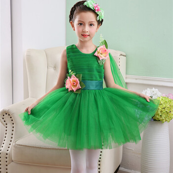 儿童演出服装公主蓬蓬纱裙学生合唱男女背带裤幼儿舞蹈表演服 绿色