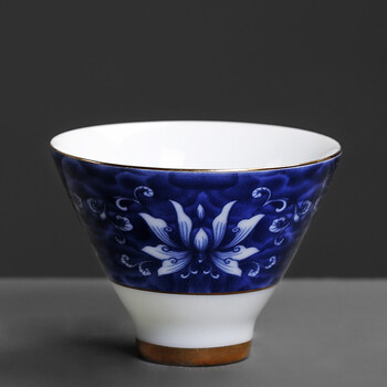 单只创意时尚可爱荷花主人杯子功夫单个茶具陶瓷家用 青花瓷荷花茶杯