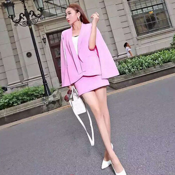蜜淇妃2015秋冬新款女装时尚斗篷西装外套+半身包臀裙套装 (送抹胸) 黑色 S