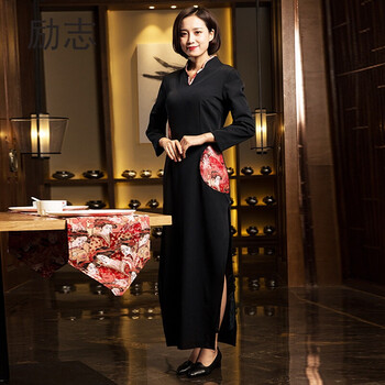 酒店前台工作服夏装饭店餐厅迎宾接待礼仪旗袍服务员服装女 长袖黑色