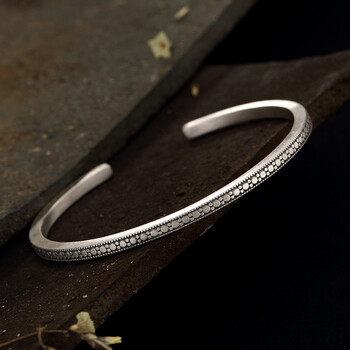 s925纯银复古做旧简约花纹手镯个性百搭女士款开口手环批发 925纯银