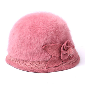 女妈妈盆帽渔夫帽保暖帽中老年人兔毛帽子花朵冬天韩版奶奶帽 粉色