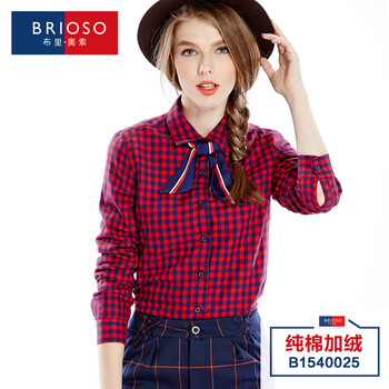 
                                        BRIOSO 秋冬款加厚长袖衬衫女 大码格子保暖衬衣修身打底衫上衣潮 B1540012 M                