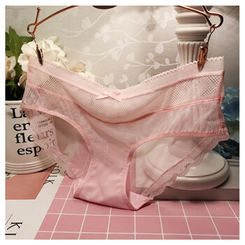 粉色少女系 欧美蕾丝透明舒适冰丝网纱内裤女 性感三角裤纯棉档 粉色