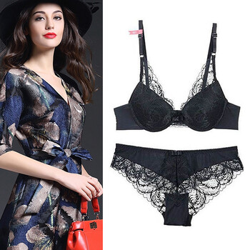 xtuft 港系潮牌文胸套装2018新款性感小胸深v聚拢内衣内裤 黑色 85c