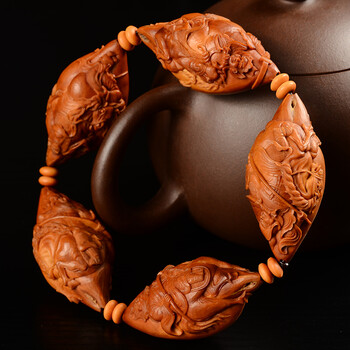 盘道 橄榄核手串 手工精雕五虎上将 苏工大师 冯伟刻【木饰】