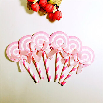 生日蛋糕装饰插旗甜品桌布置 派对装饰插卡6个/包hh 粉色蝴蝶结棒棒糖