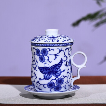 景德镇茶杯陶瓷马克杯 陶瓷带盖过滤泡茶杯 青花瓷办公水杯绿茶杯