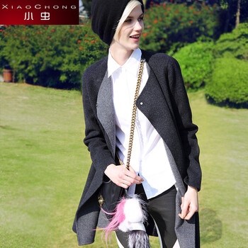 小虫秋冬毛呢大衣女外套时髦百搭修身中长款撞色翻领双面大衣 灰色 XS