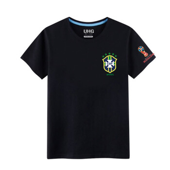 夏装2018俄罗斯世界杯t恤 儿童半袖潮流 男童短袖t恤 黑 cbf巴西 袖标