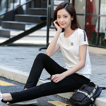 新款女士夏装搭配长裤时尚运动休闲套装套头短袖修身型运动服 白色 l