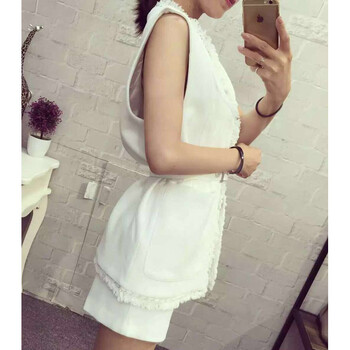 衣尤格2015初秋装新款欧洲站女装宽松显瘦时尚流苏边中长款背心马甲外套+休闲短裤两件套装裤 白色 均码