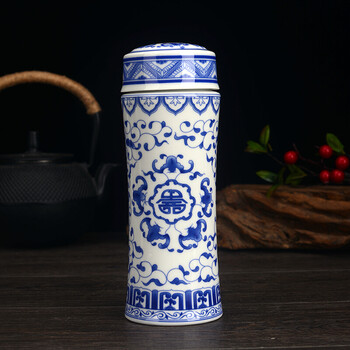 青花瓷杯全瓷保温杯陶瓷内胆双层杯子男女办公车载茶水杯子 花开富贵