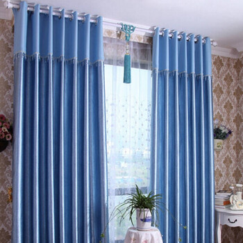 加厚卧室客厅遮光窗帘成品吸音欧式全遮光布压花窗帘 天蓝色花边拼接