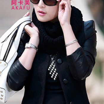阿卡芙 毛呢2015秋冬新款外套 毛呢外套 女中长款呢子大衣拼接PU皮妮子外套 潮 黑色 XL