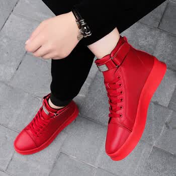 高帮鞋休闲板鞋运动鞋增高韩版潮流潮鞋社会小伙红鞋男鞋四季款 红色