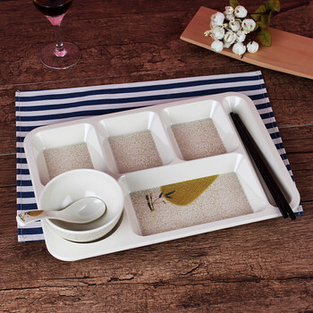 快餐盘富贵竹密胺仿瓷学生食堂分格餐盘套装a5加深六格塑料长方盘