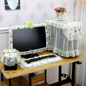 电脑五件套布艺蕾丝电脑防尘保护罩台式机显示器套22寸24 绿蝴蝶边框