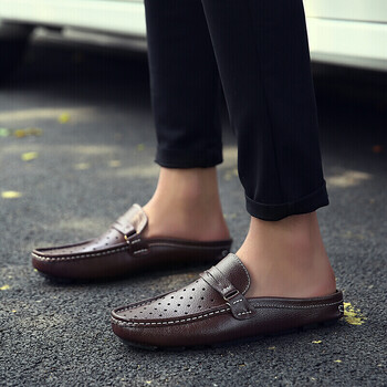 禾匆 真皮半拖男包头半拖鞋男拖鞋时尚拖潮流韩版懒人鞋外穿透气豆豆