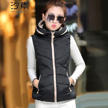 汐素2015冬装韩版新款连帽轻薄羽绒棉服马甲背心女 黑色 XL
