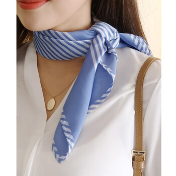女孩同款小丝巾石原里美装饰发带春秋季百搭文艺小方巾女 蓝色条纹