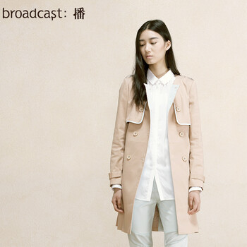播 风的声音 2015秋季新品欧美复古OL风圆领修身中长款风衣外套女 F00浅驼色 S