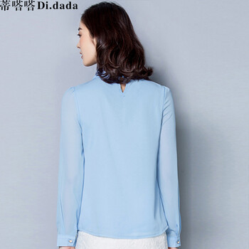 蒂嗒嗒（Di.dada）2016春季新品女装娃娃领长袖宽松显瘦蕾丝拼接雪纺衫DSD882 浅蓝色 M码