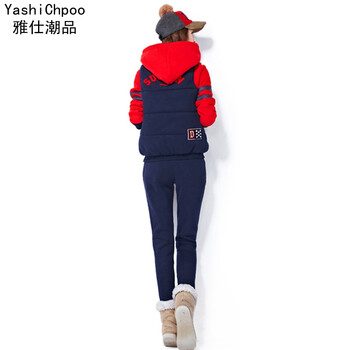 雅仕潮品 秋冬季韩版加绒加厚休闲运动三件套装女士卫衣套装 红色 XL