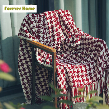 
                                        FOREVER HOME秋冬空调毯腈纶涤办公室沙发午睡休闲毯毛巾被 线毯流苏毯薄千鸟格毯子 130*170cm                