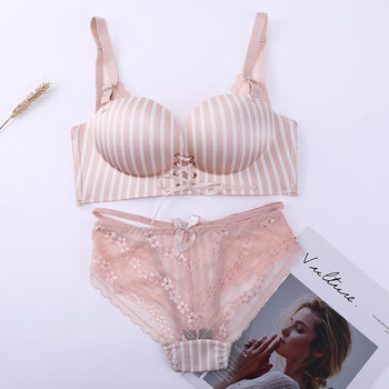 内裤】无痕小胸厚聚拢无钢圈绑带文胸条纹美背调整女内衣 肤色 75a