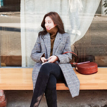 HavenMei早春新款韩版淑女气质女装格子中长款小西装女 外套 小西服D14 图片色 M
