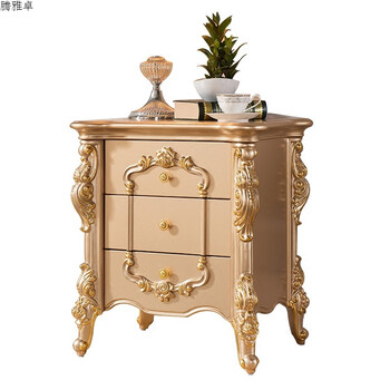 欧式床柜白色雕花实木迷你原木组装烤漆橡木金色小床头柜 香槟金b款