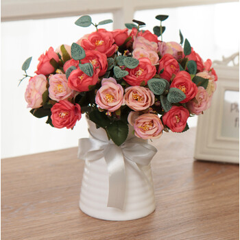 装饰假花干花饰品摆件花瓶插花摆放花卉绢花1a1 深粉欧玫瑰4束套装
