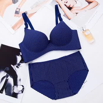 夏季内衣女文胸性感薄款大学生上托聚拢收副乳胸罩 宝蓝色条纹套装 36