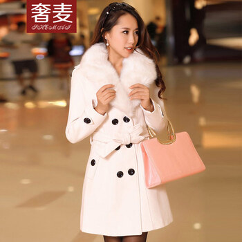 奢麦2015秋冬装新款毛呢外套女中长款修身韩版毛领毛呢子大衣BJ3018 红色 XXL