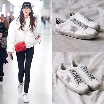杨幂同款鞋子小白鞋女真皮夏季透气鞋子韩版ggdb平底系带星星小脏鞋女