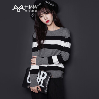七格格针织衫 时尚百搭条纹简约套头灰色针织衫 女 灰色  M
