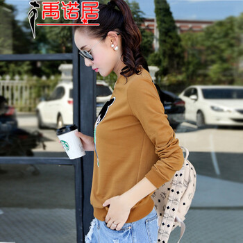 禹诺居2015秋款新品宽松大码卫衣女韩版短款休闲修身套头长袖卡通图案上衣运动外套 驼色没货勿拍 L