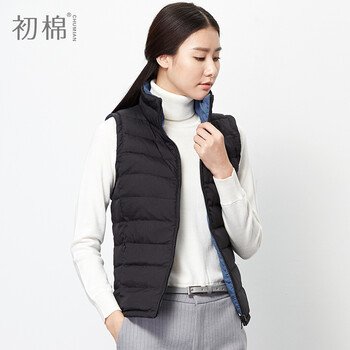 初棉2015秋冬新款撞色两面穿 羽绒马甲女90%白鸭绒纯色防水马夹厚 黑色-蓝灰 160/M