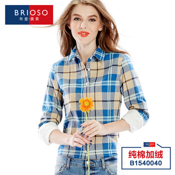 
                                        BRIOSO 秋冬款加厚长袖衬衫女 大码格子保暖衬衣修身打底衫上衣潮 B1540012 M                