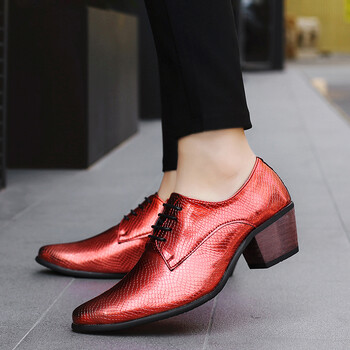 亮面尖头发型师皮鞋男韩版增高鞋男式高跟休闲鞋英伦风亮片皮鞋 红色