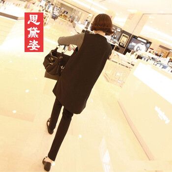 思黛姿 毛呢西装外套宽松大码长款马夹百搭无袖PU拼接马甲 黑色 XXL