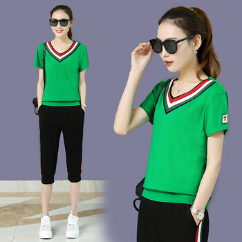 运动套装女2018夏季新款韩版v领短袖韩版t恤休闲裤显瘦两件套潮 绿色