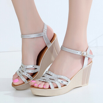 新款韩版坡跟凉鞋女夏厚底女鞋高跟松糕底露趾女大码凉鞋 银色 43