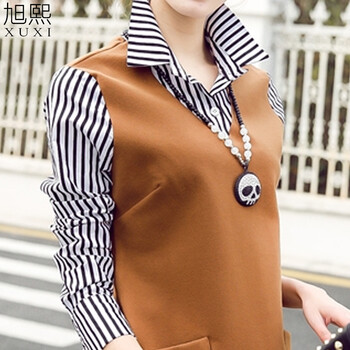 
                                        旭熙2015秋冬新款假两件上衣翻领条纹修身中长款衬衫女XK9919 黑色 M                