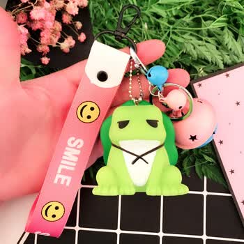 新款旅行青蛙搪胶钥匙扣挂件呱儿子公仔玩偶铃铛书包挂件 粉笑脸带