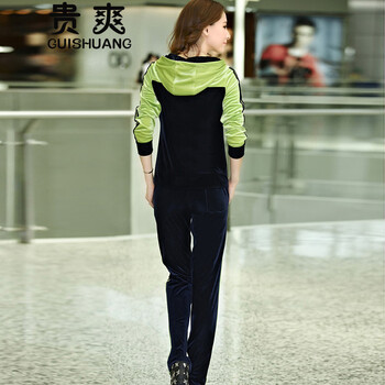 贵爽2015新款金丝绒休闲套装女韩版天鹅绒卫衣运动服套装女春秋 荧光绿 XXL