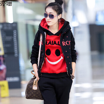 亦珊2015韩版新款卫衣三件套女长袖运动休闲卫衣套装8871 黑色 L