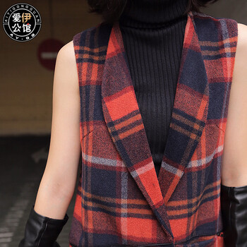 爱伊公馆AYGG2015秋冬季新款格子女式马甲休闲中长款无袖毛衣西装外套 橙色 L
